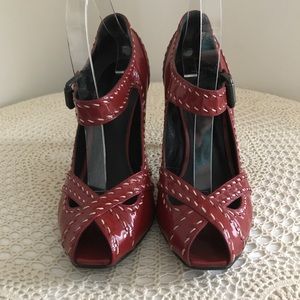 Bottega Veneta Red Patent Leather Mary Jane Peep Toe Heels 
Size 9